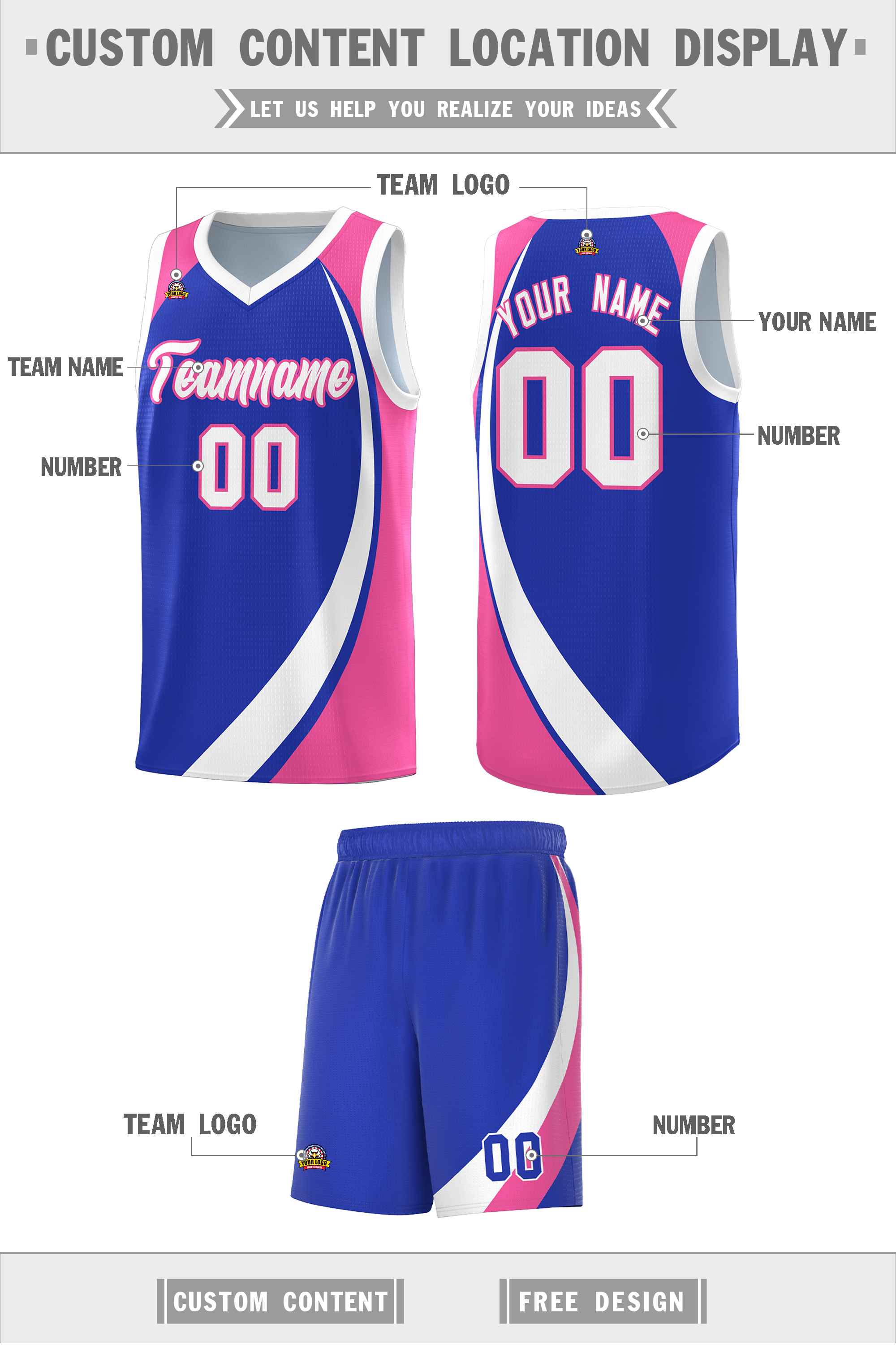 Custom Royal White-Pink Color Block Sports Uniform Basketball Jersey