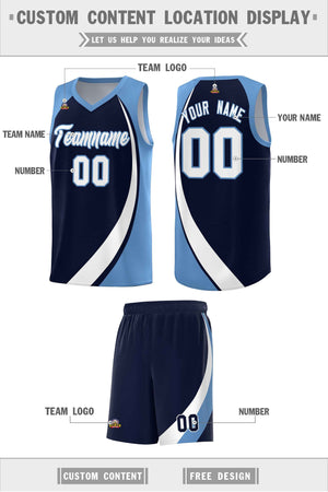 Custom Navy White-Light Blue Color Block Sports Uniform Basketball Jersey