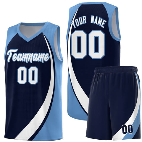 Custom Navy White-Light Blue Color Block Sports Uniform Basketball Jersey