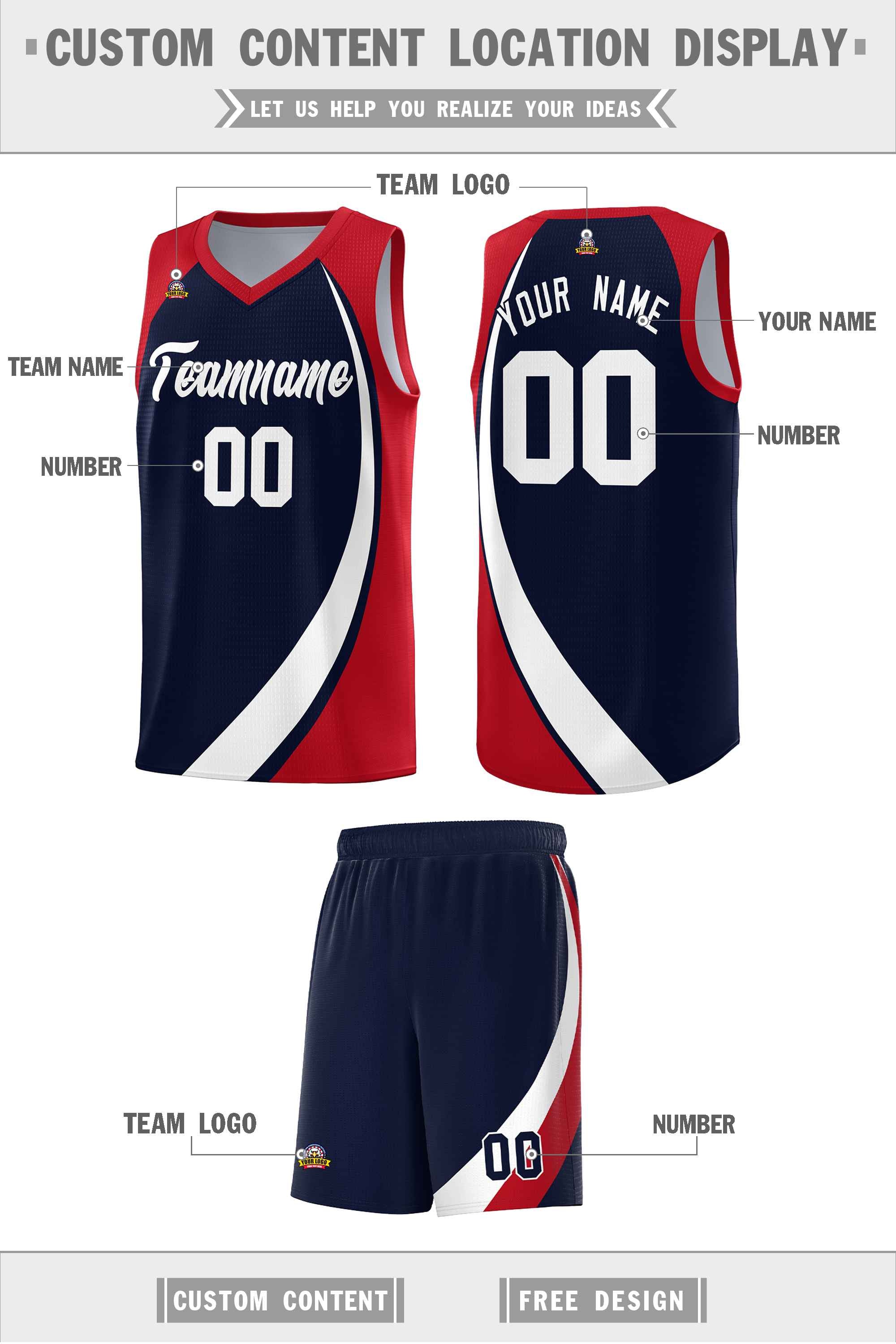 Custom Navy White-Red Color Block Sports Uniform Basketball Jersey