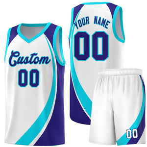 Custom White Sky Blue-Violet Color Block Sports Uniform Basketball Jersey