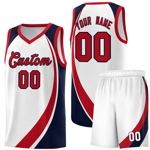 Custom White Red-Navy Color Block Sports Uniform Basketball Jersey