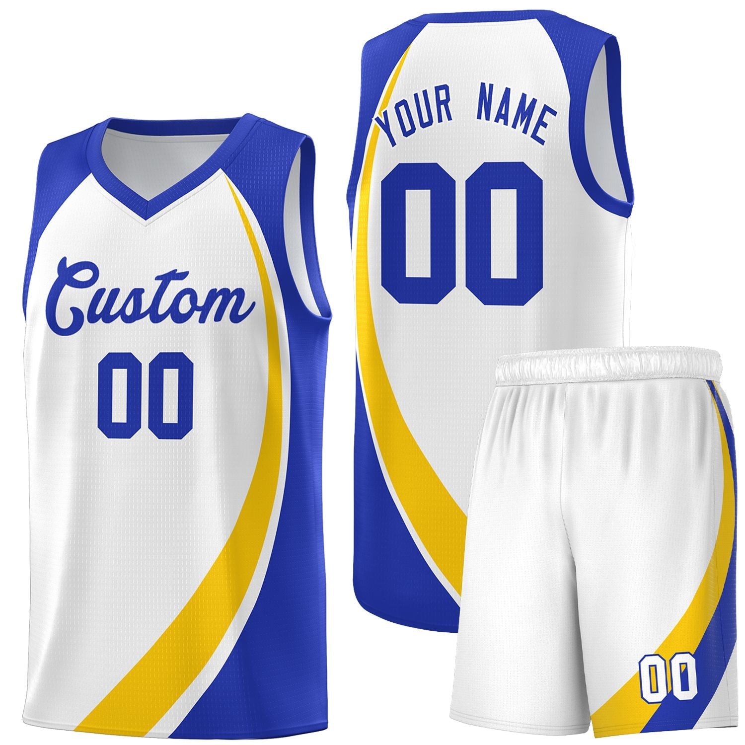 Custom White Gold-Royal Color Block Sports Uniform Basketball Jersey