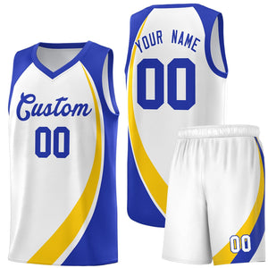 Custom White Gold-Royal Color Block Sports Uniform Basketball Jersey