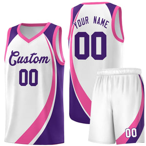 Custom White Pink-Purple Color Block Sports Uniform Basketball Jersey