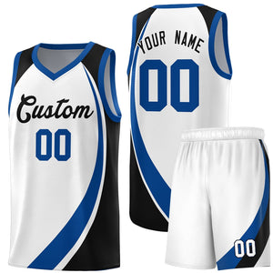 Custom White Royal-Navy Color Block Sports Uniform Basketball Jersey