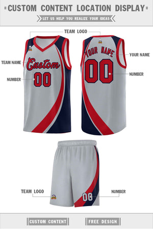 Custom Gray Red-Navy Color Block Sports Uniform Basketball Jersey