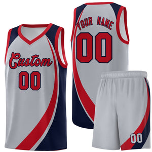 Custom Gray Red-Navy Color Block Sports Uniform Basketball Jersey