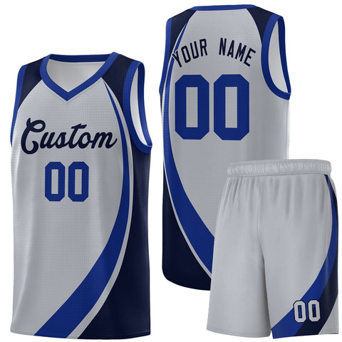 Custom Gray Royal-Navy Color Block Sports Uniform Basketball Jersey