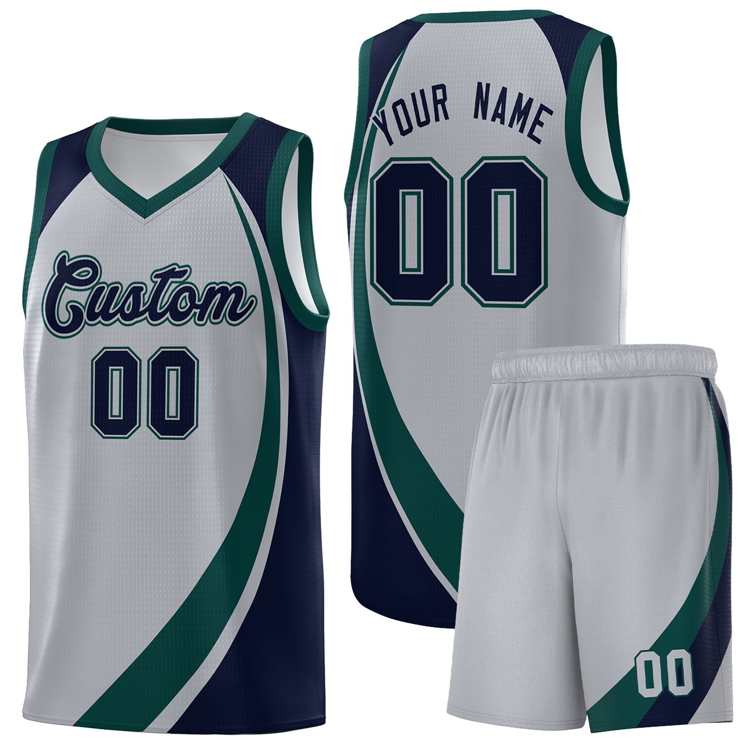 Custom Gray Midnight Green-Navy Color Block Sports Uniform Basketball Jersey