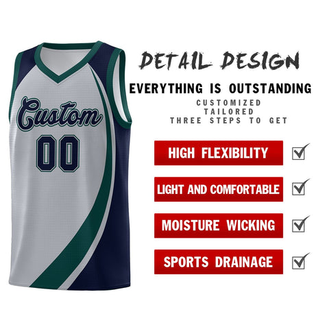 Custom Gray Midnight Green-Navy Color Block Sports Uniform Basketball Jersey