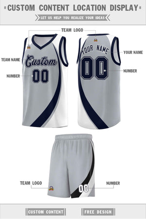 Custom Gray Navy-White Color Block Sports Uniform Basketball Jersey