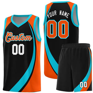 Custom Black Sky Blue-Orange Color Block Sports Uniform Basketball Jersey