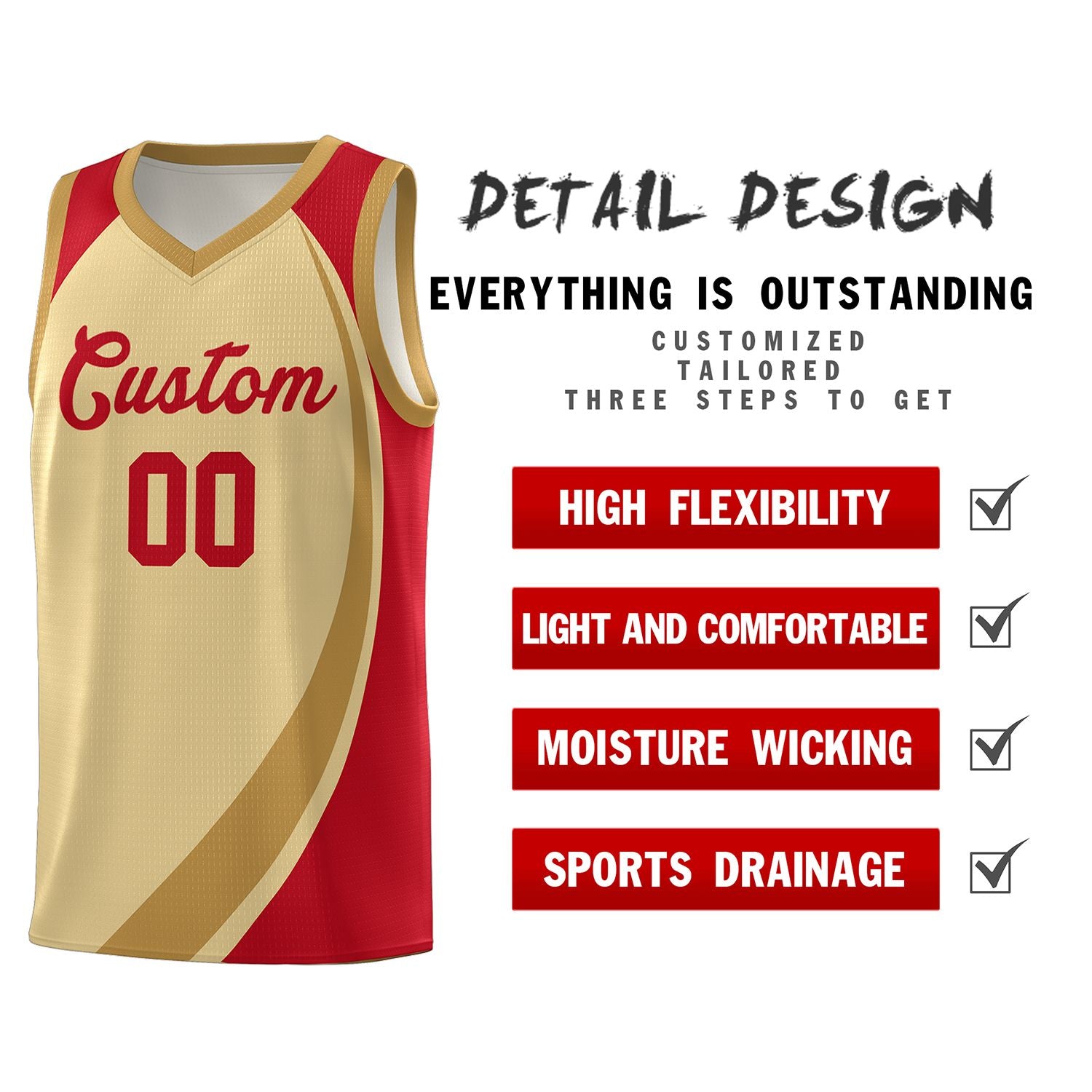 Custom Khaki Old Gold-Red Color Block Sports Uniform Basketball Jersey