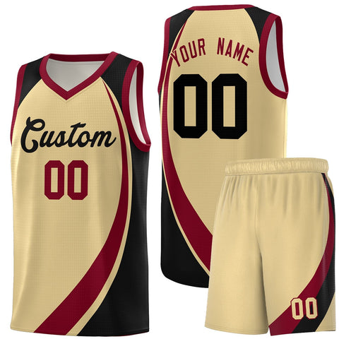 Custom Khaki Crimson-Black Color Block Sports Uniform Basketball Jersey