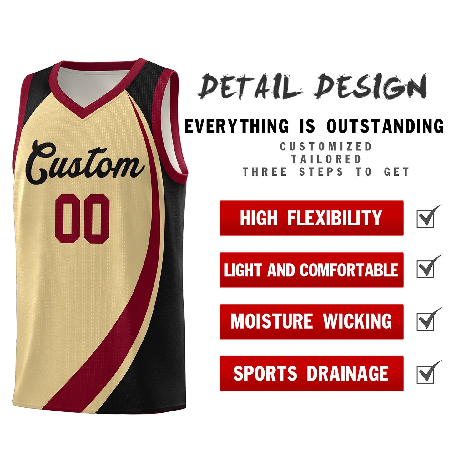 Custom Khaki Crimson-Black Color Block Sports Uniform Basketball Jersey