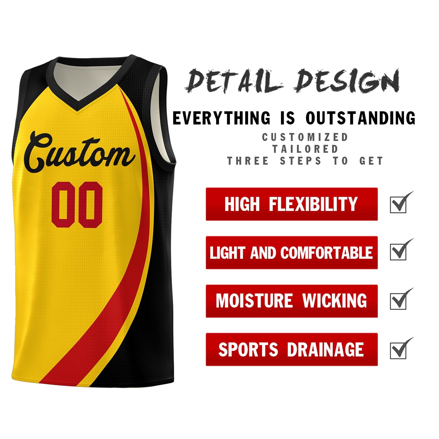 Custom Gold Red-Black Color Block Sports Uniform Basketball Jersey