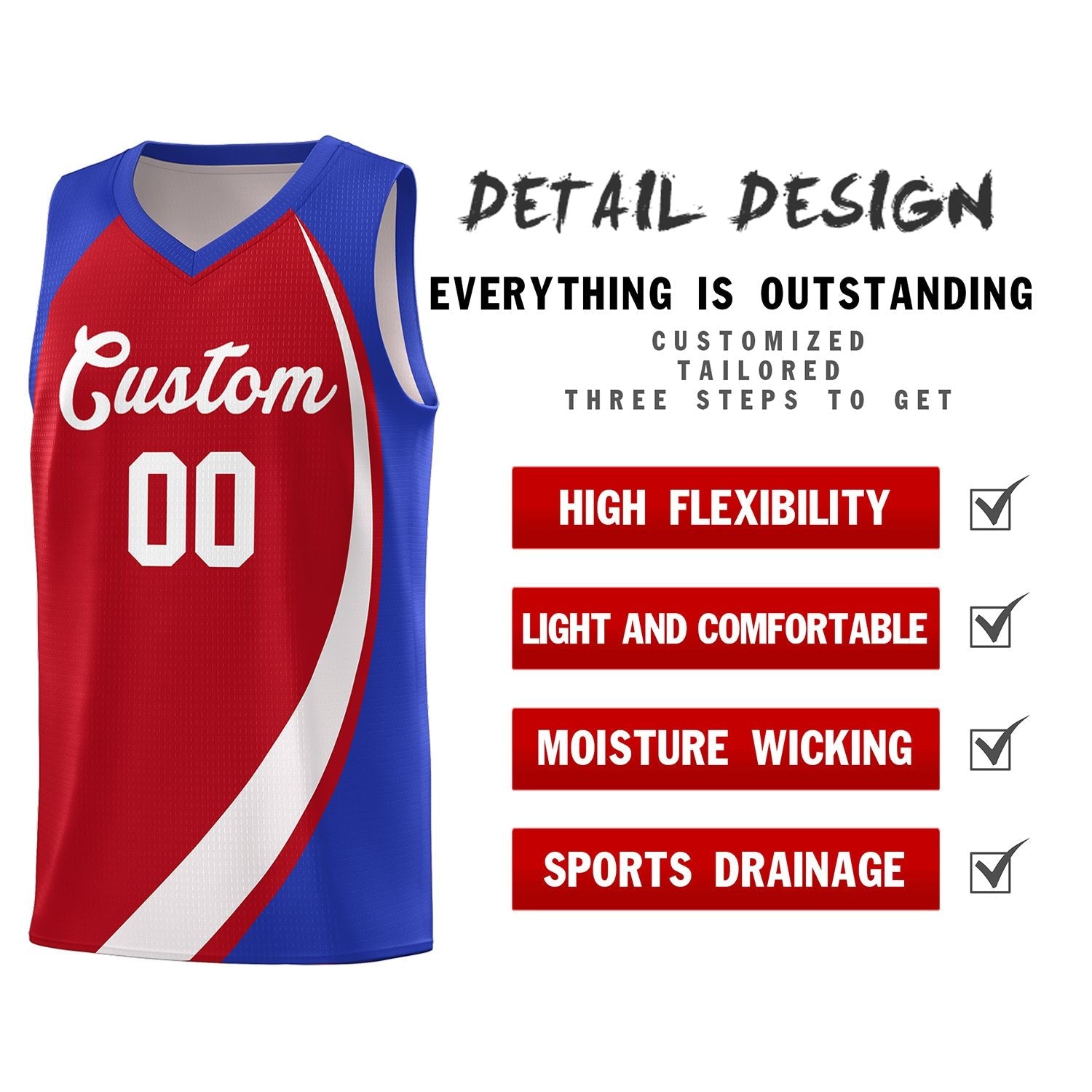 Custom Red White-Royal Color Block Sports Uniform Basketball Jersey