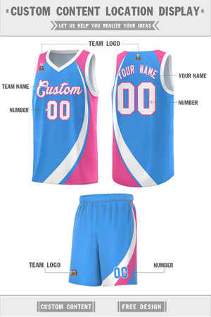 Custom Powder Blue White-Pink Color Block Sports Uniform Basketball Jersey