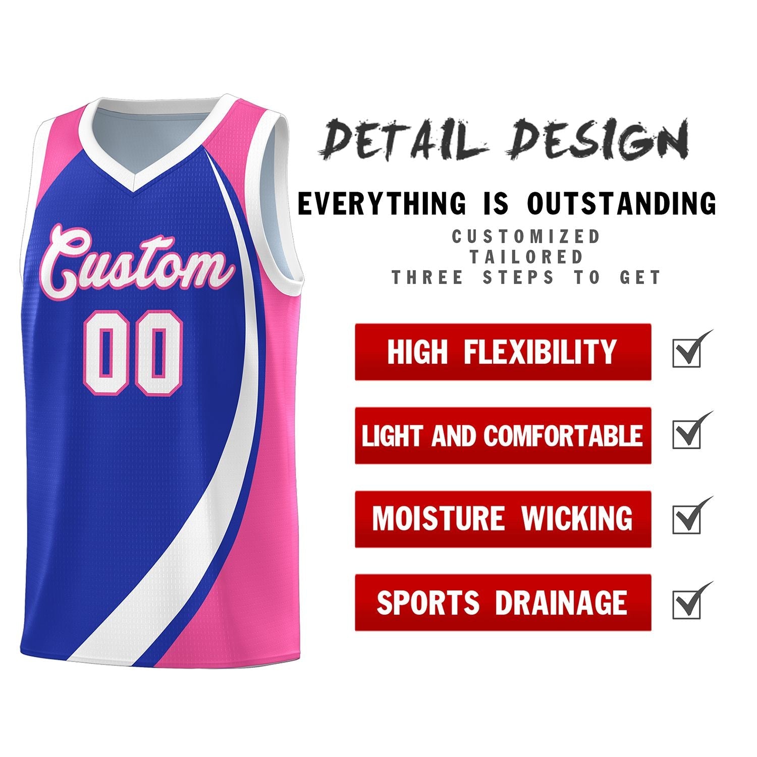 Custom Royal White-Pink Color Block Sports Uniform Basketball Jersey