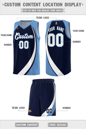 Custom Navy White-Light Blue Color Block Sports Uniform Basketball Jersey