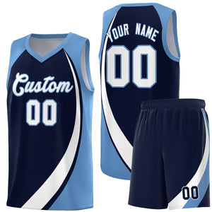 Custom Navy White-Light Blue Color Block Sports Uniform Basketball Jersey