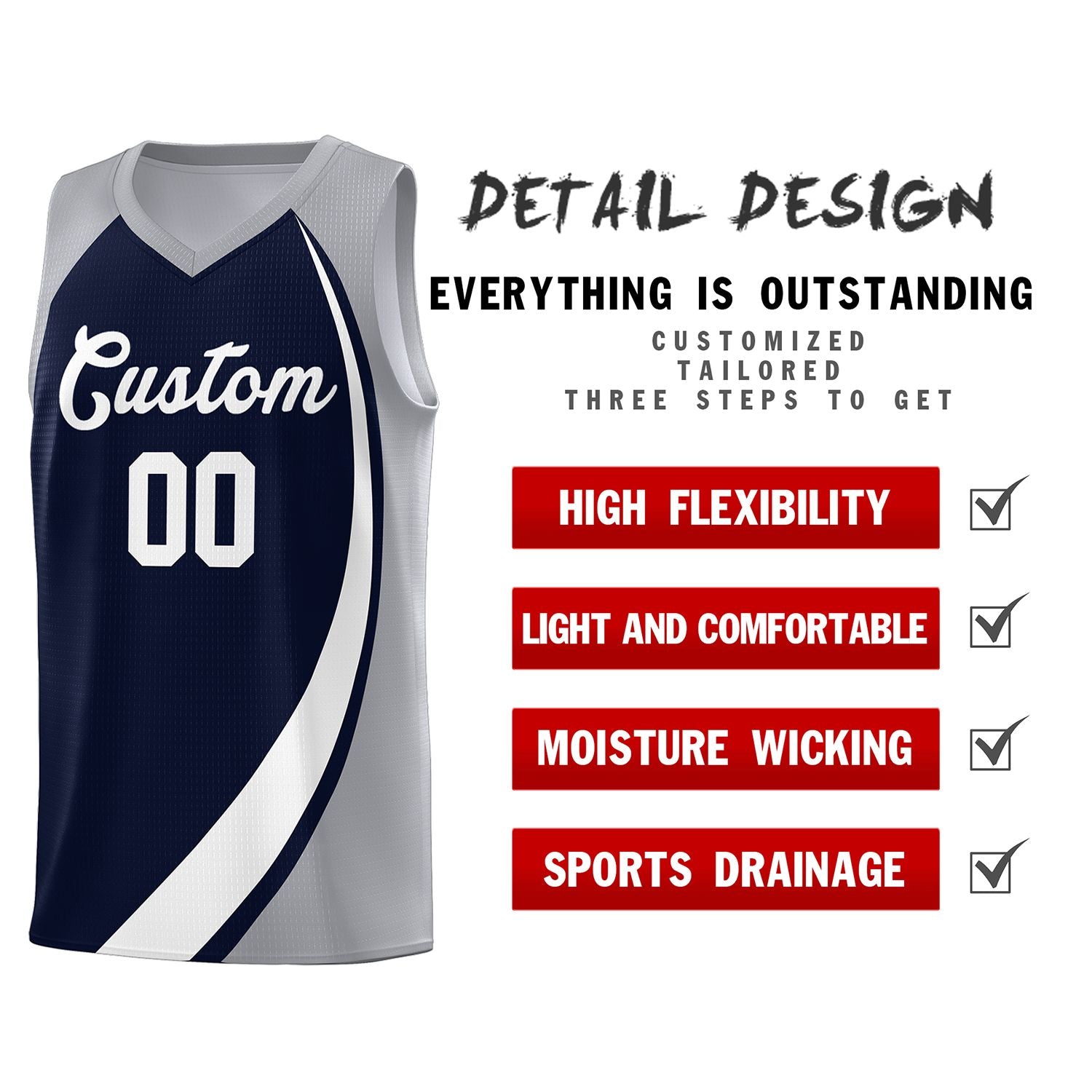 Custom Navy White-Gray Color Block Sports Uniform Basketball Jersey