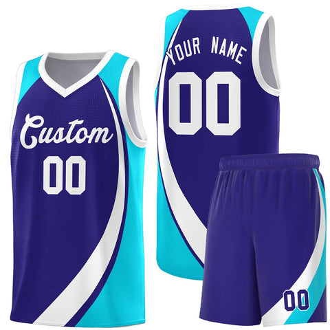 Custom Violet White-Sky Blue Color Block Sports Uniform Basketball Jersey