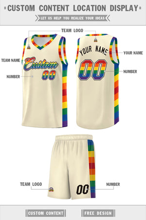 Custom Cream LGBT Rainbow For Pride Month Sports Uniform Basketball Jersey