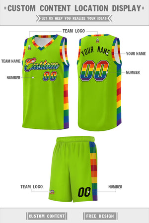 Custom Neon Green LGBT Rainbow For Pride Month Sports Uniform Basketball Jersey