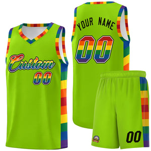 Custom Neon Green LGBT Rainbow For Pride Month Sports Uniform Basketball Jersey