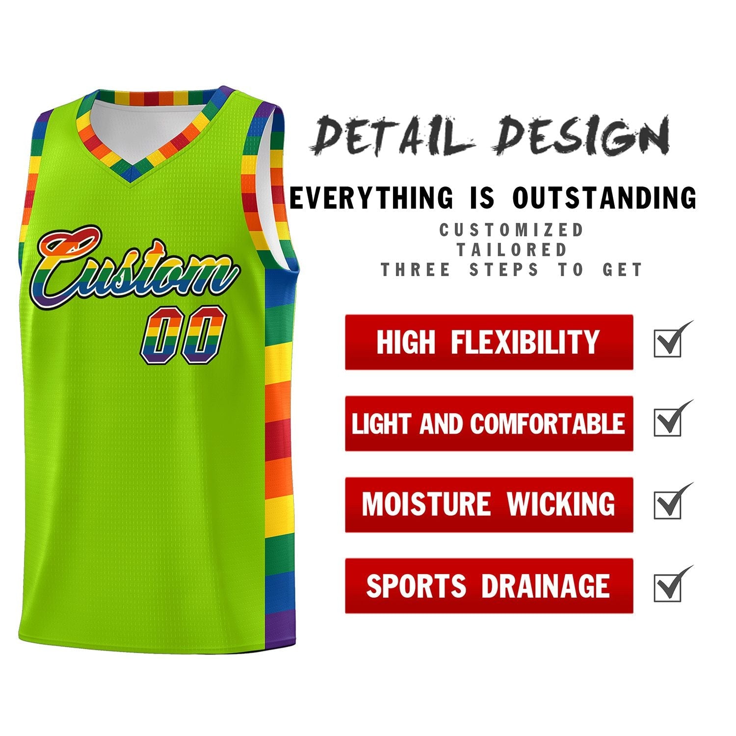 Custom Neon Green LGBT Rainbow For Pride Month Sports Uniform Basketball Jersey