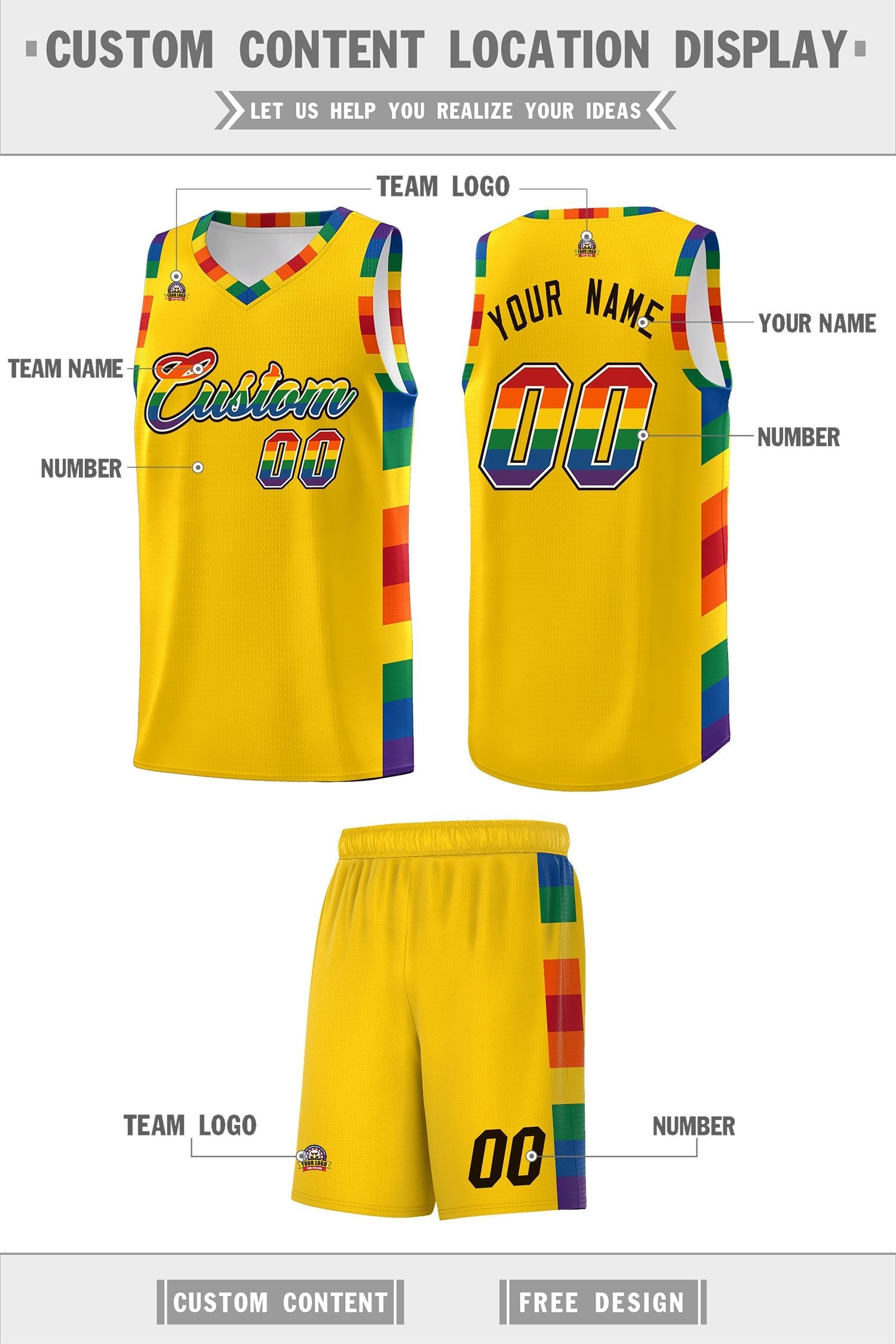 Custom Gold LGBT Rainbow For Pride Month Sports Uniform Basketball Jersey