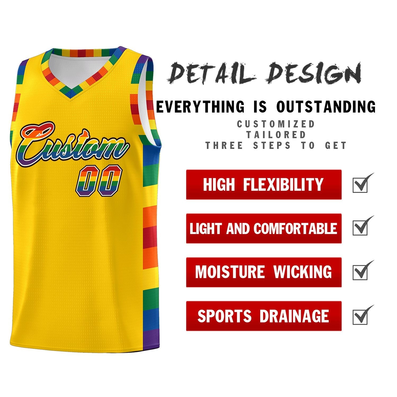 Custom Gold LGBT Rainbow For Pride Month Sports Uniform Basketball Jersey