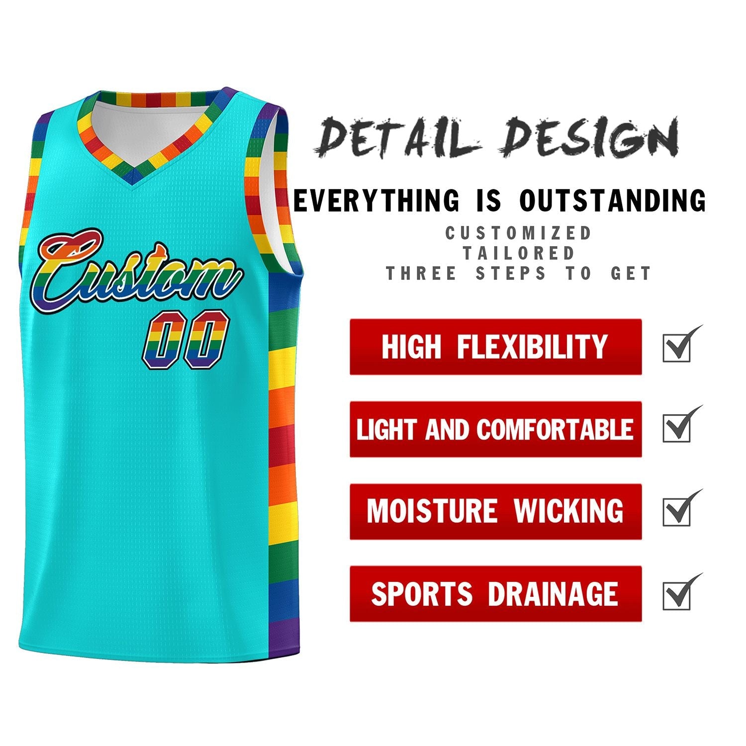 Custom Sky Blue LGBT Rainbow For Pride Month Sports Uniform Basketball Jersey