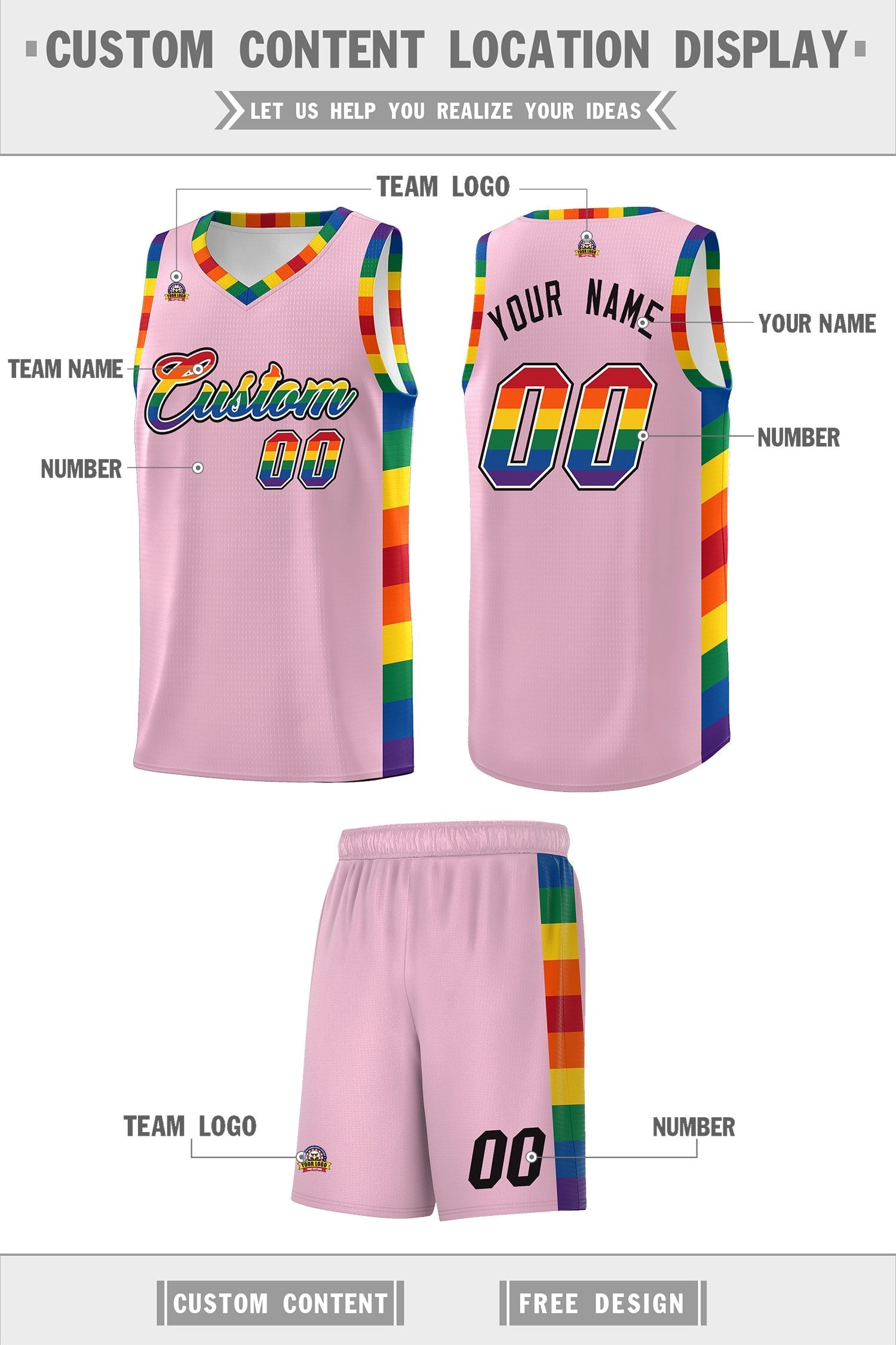 Custom Light Pink LGBT Rainbow For Pride Month Sports Uniform Basketball Jersey