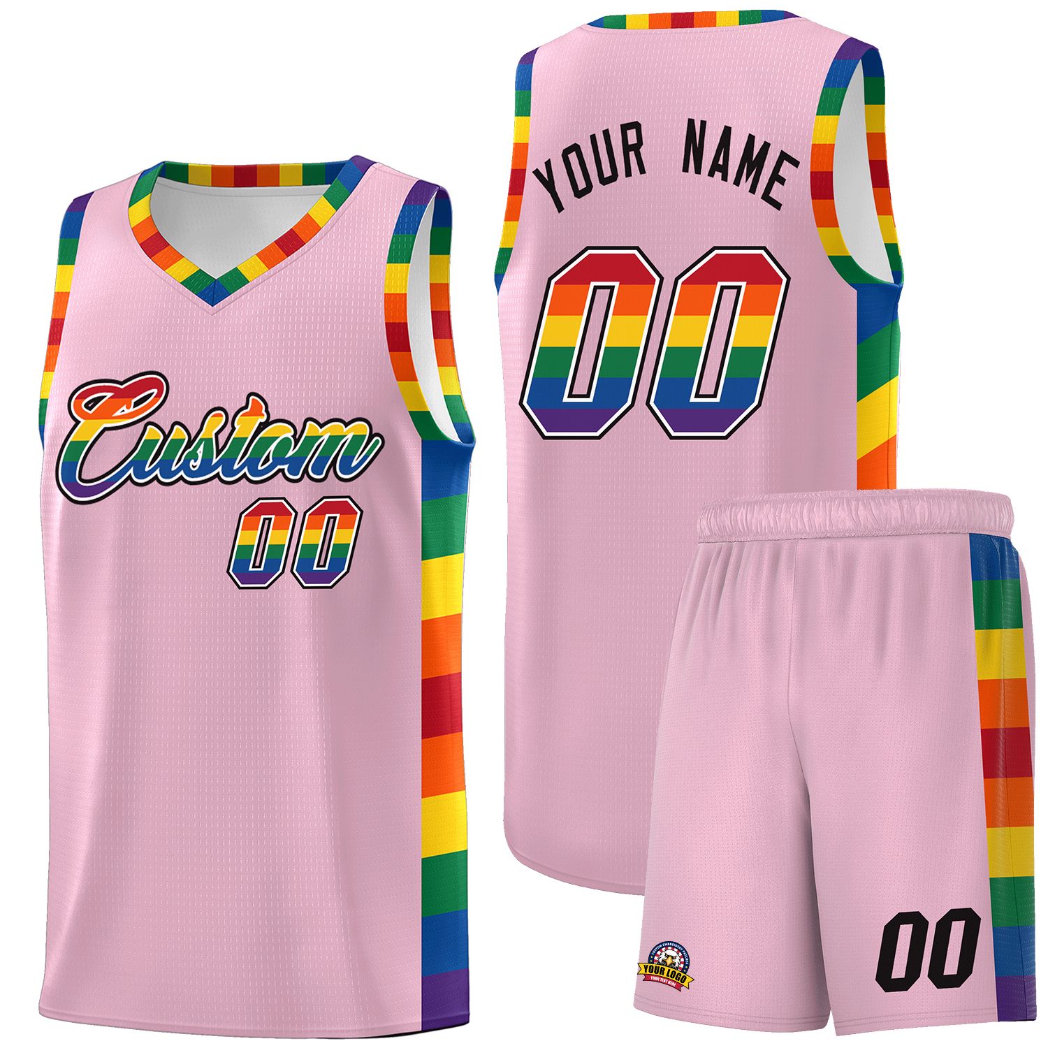 Custom Light Pink LGBT Rainbow For Pride Month Sports Uniform Basketball Jersey