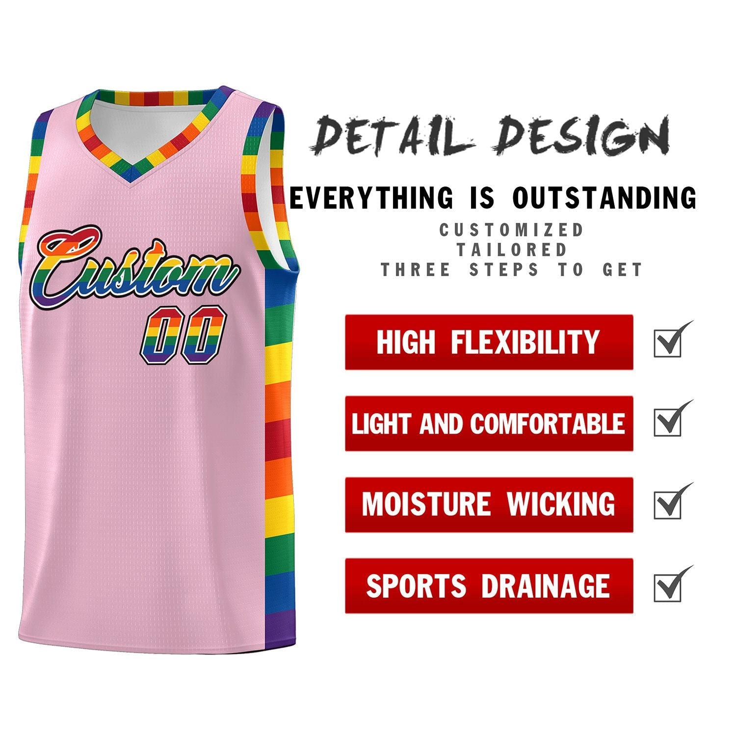 Custom Light Pink LGBT Rainbow For Pride Month Sports Uniform Basketball Jersey