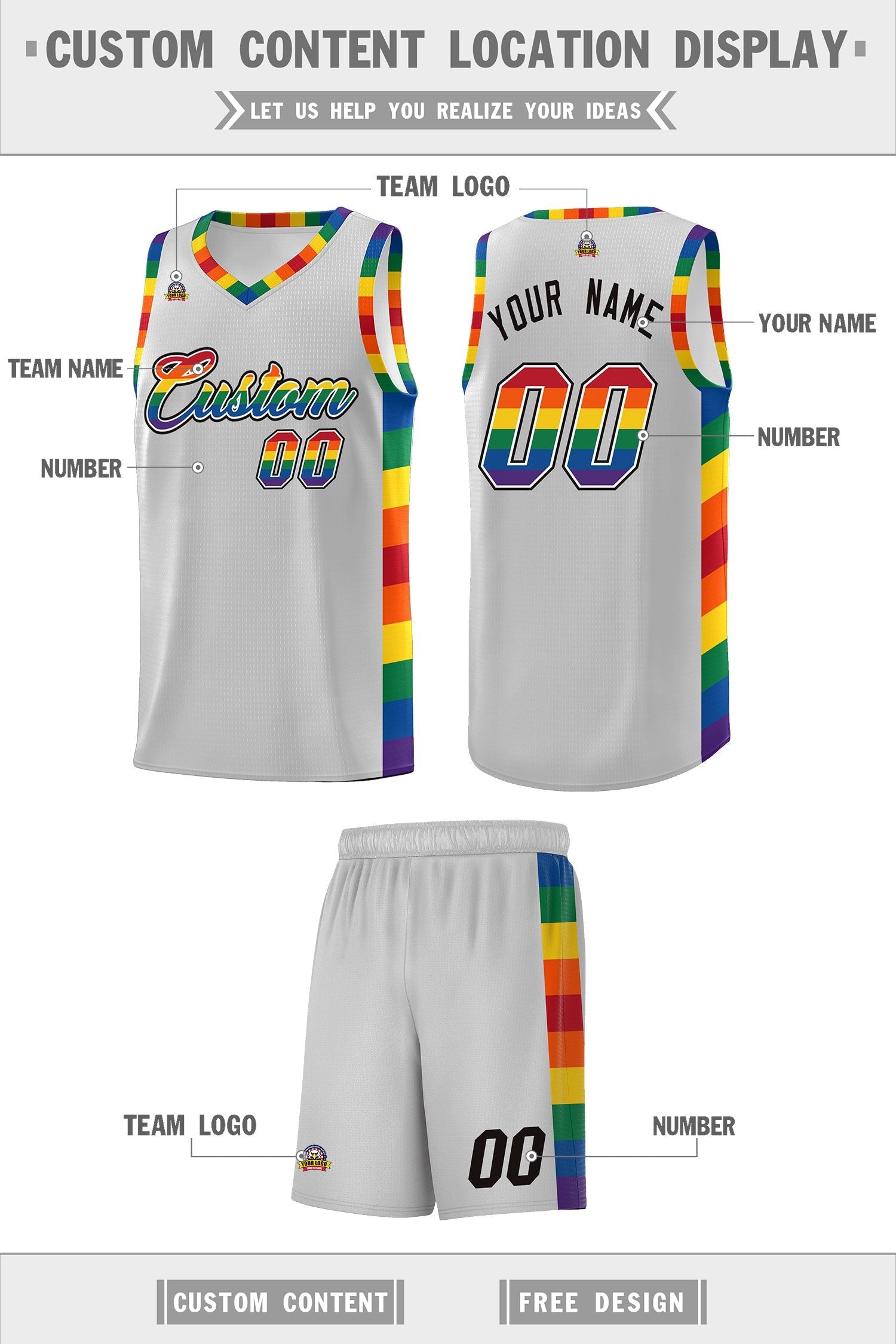 Custom Gray LGBT Rainbow For Pride Month Sports Uniform Basketball Jersey