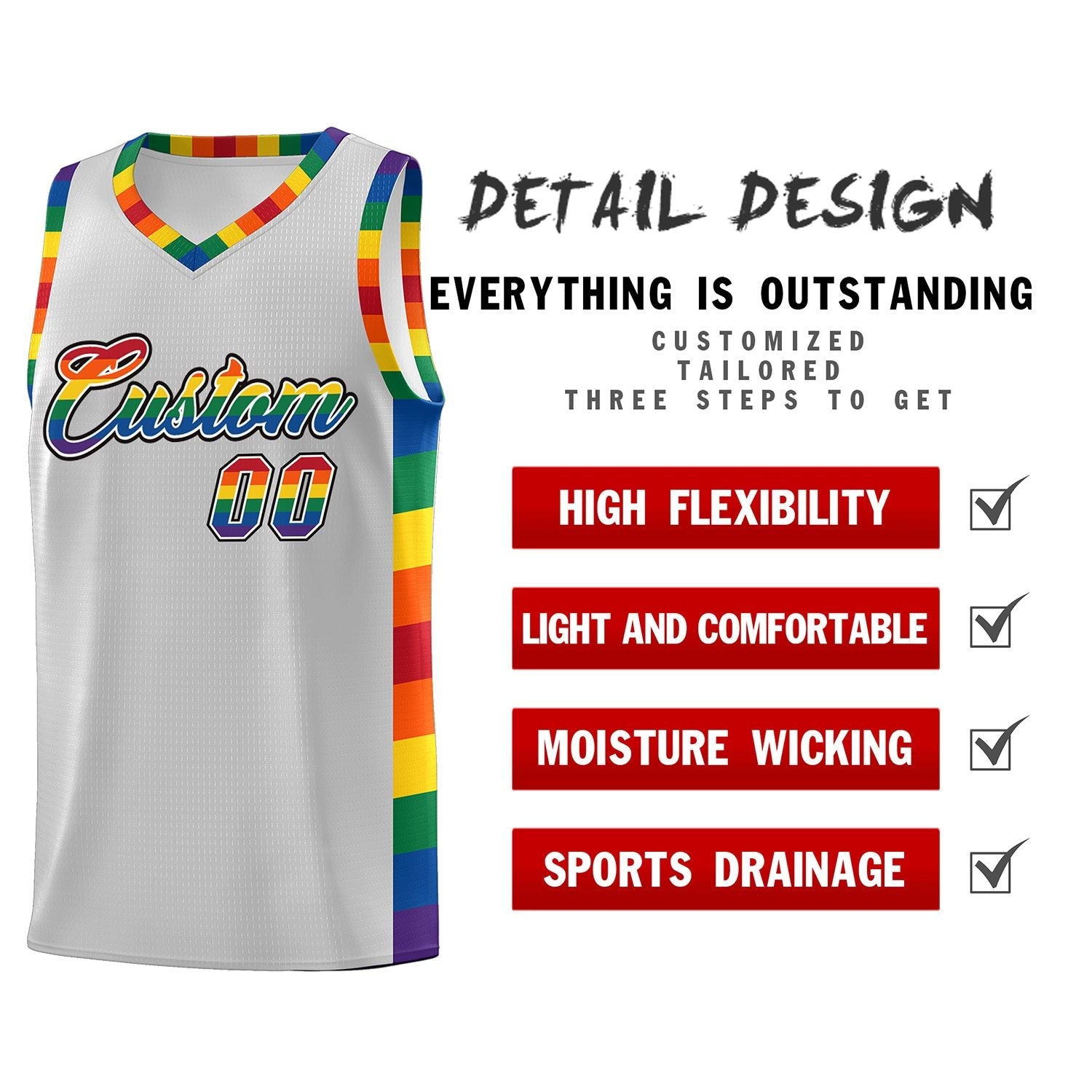 Custom Gray LGBT Rainbow For Pride Month Sports Uniform Basketball Jersey