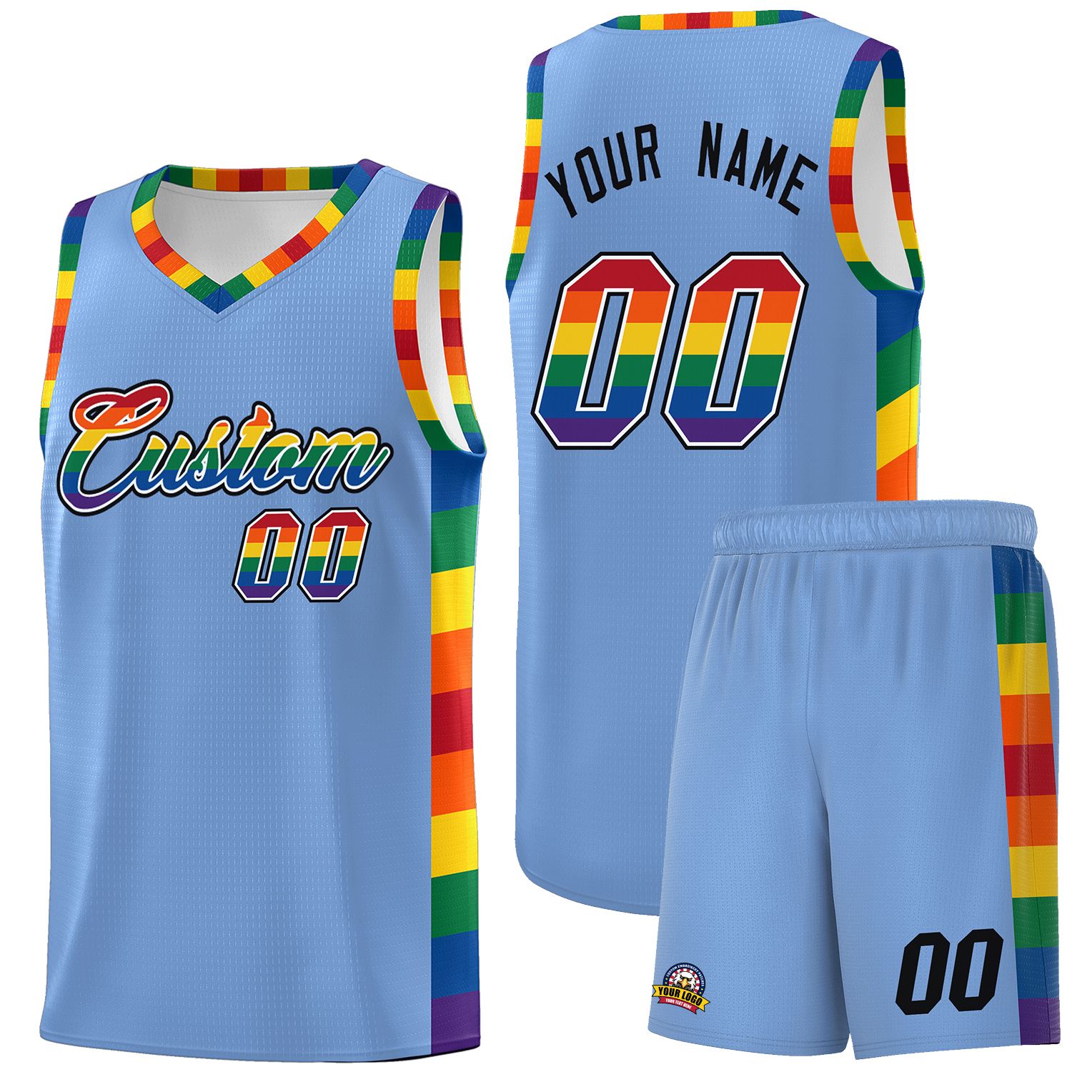 Custom Light Blue LGBT Rainbow For Pride Month Sports Uniform Basketball Jersey