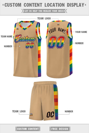 Custom Old Gold LGBT Rainbow For Pride Month Sports Uniform Basketball Jersey