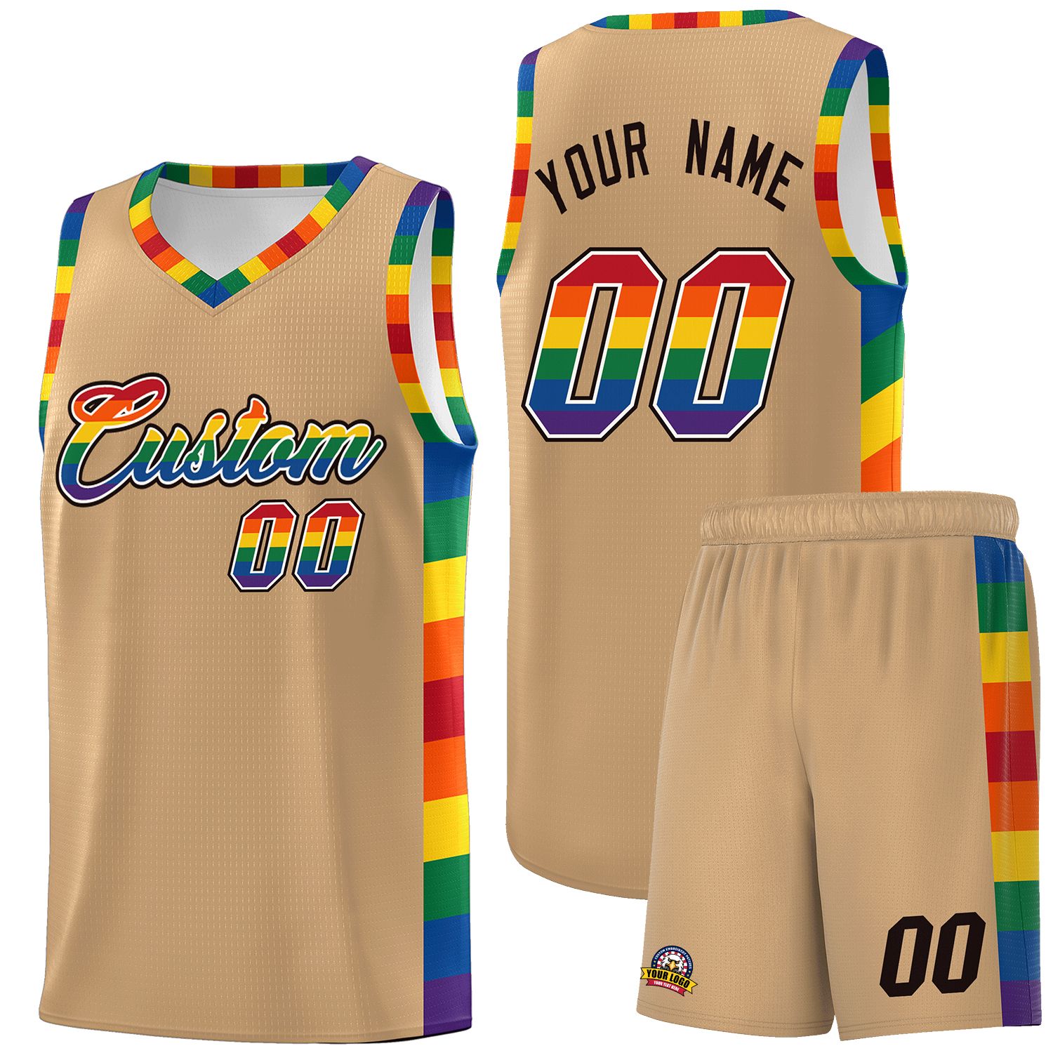 Custom Old Gold LGBT Rainbow For Pride Month Sports Uniform Basketball Jersey