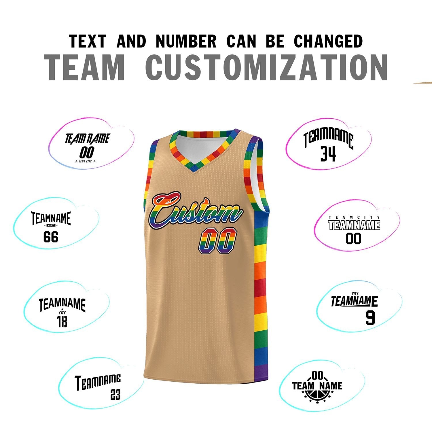 Custom Old Gold LGBT Rainbow For Pride Month Sports Uniform Basketball Jersey