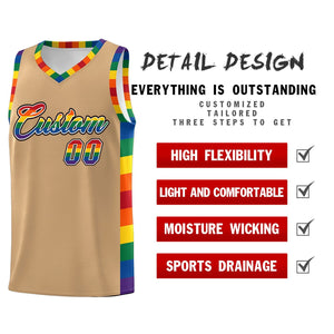 Custom Old Gold LGBT Rainbow For Pride Month Sports Uniform Basketball Jersey