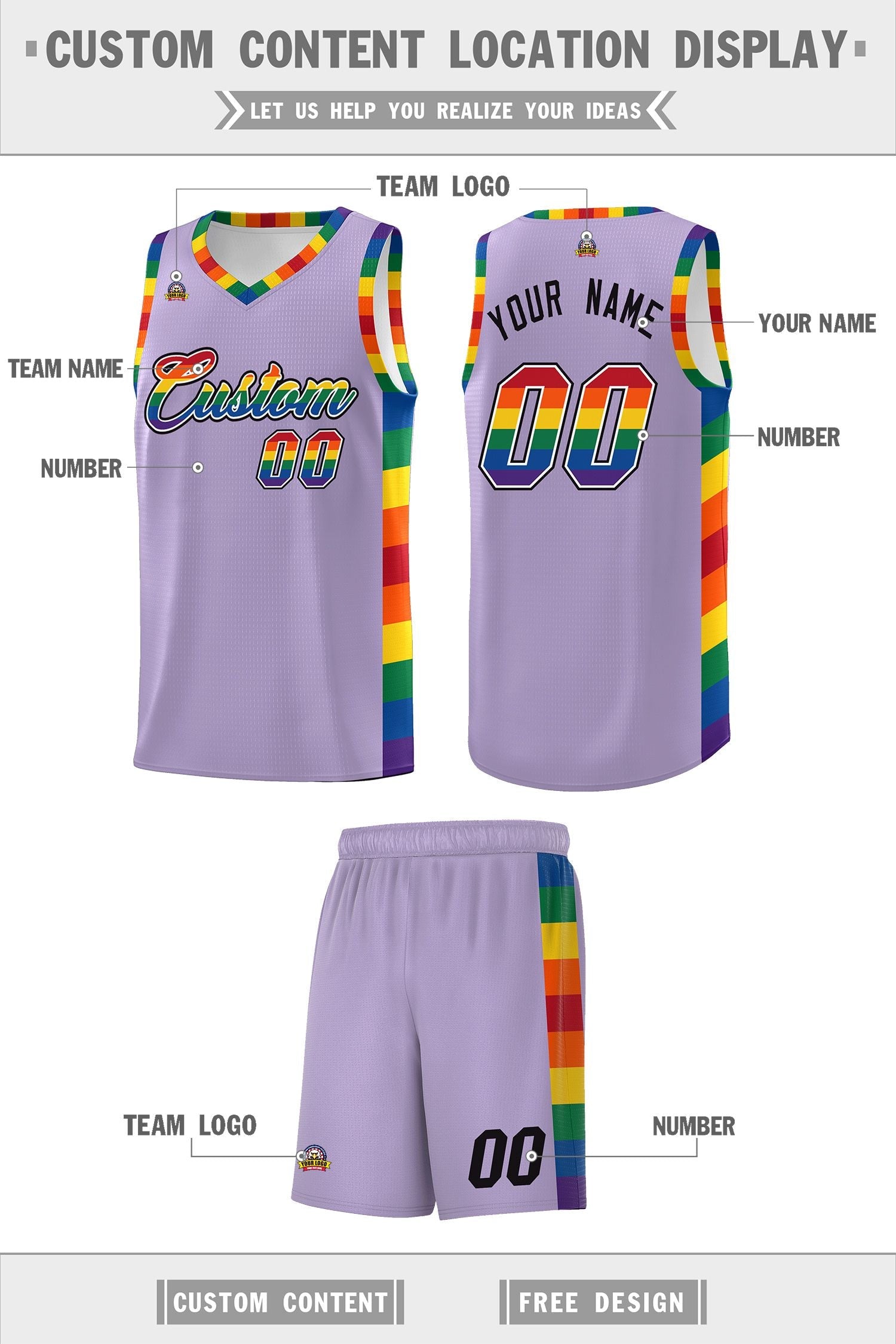 Custom Light Purple LGBT Rainbow For Pride Month Sports Uniform Basketball Jersey