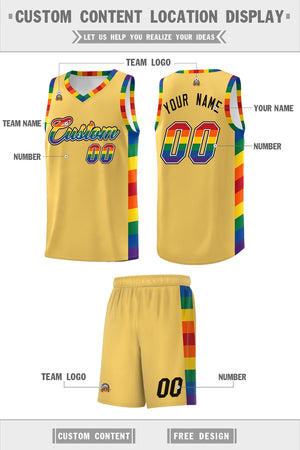 Custom Old Gold LGBT Rainbow For Pride Month Sports Uniform Basketball Jersey