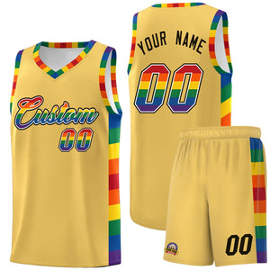 Custom Old Gold LGBT Rainbow For Pride Month Sports Uniform Basketball Jersey