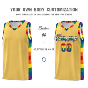 Custom Old Gold LGBT Rainbow For Pride Month Sports Uniform Basketball Jersey