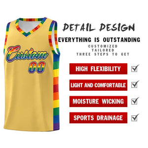 Custom Old Gold LGBT Rainbow For Pride Month Sports Uniform Basketball Jersey